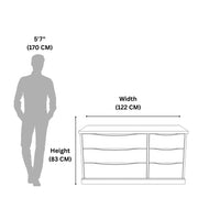 Dresser dimensions shown with a 5'7" person silhouette for scale.