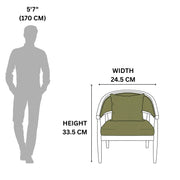 Measurement chart showing a chair with dimensions relative to a standing person.