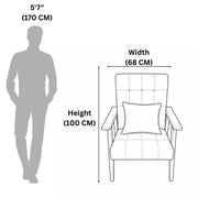 Measurement chart showing a chair's dimensions relative to a standing person.