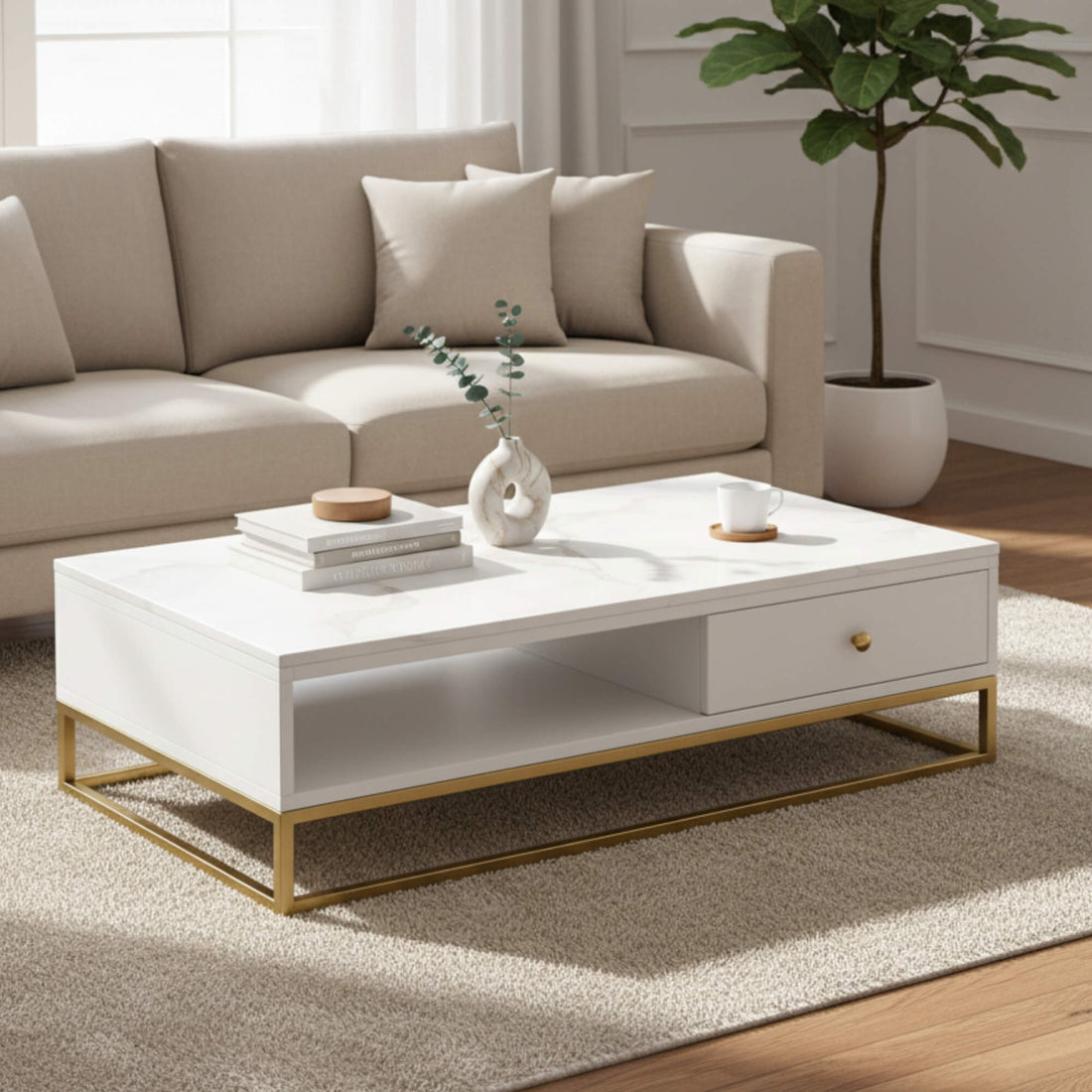 Ivory Coffee Table BB7  Marble Top Centre Table with Storage