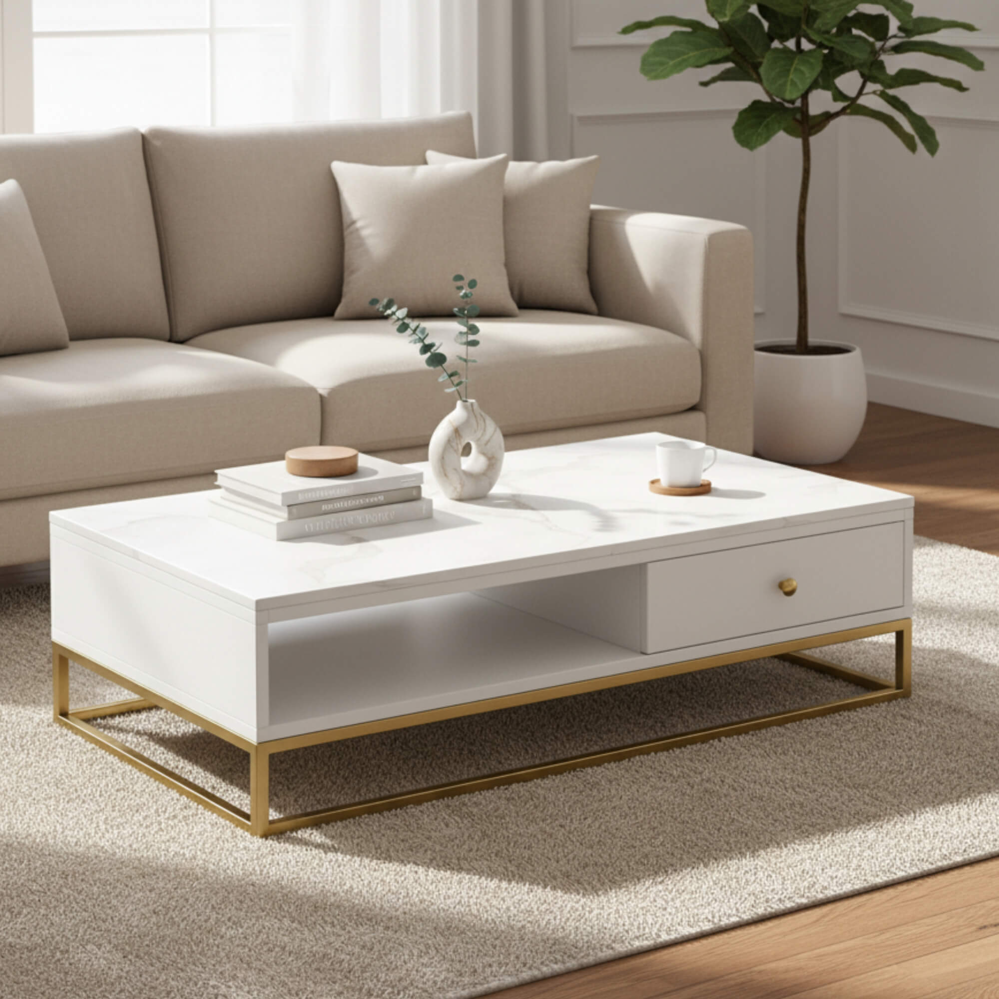 Ivory Coffee Table BB7  Marble Top Centre Table with Storage