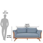 Blue sofa with dimensions labeled on a white background
