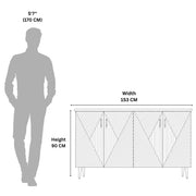 Measurement chart showing a person's silhouette and a piece of furniture with dimensions labeled.