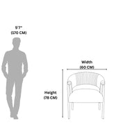 Measurement chart showing a chair's dimensions relative to a human figure on a white background.