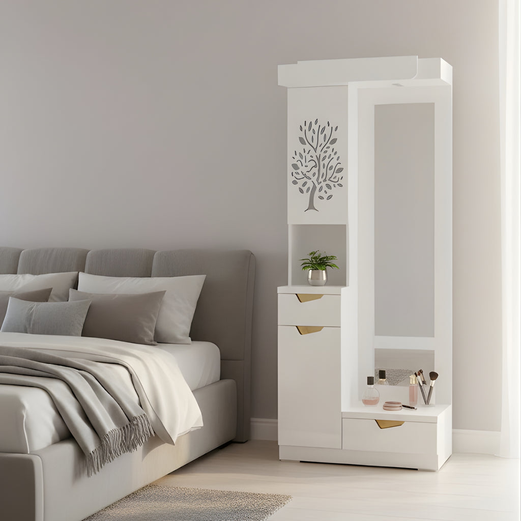 Floral Dressing Table  Glossy White Dressing Unit with Mirror & Storage