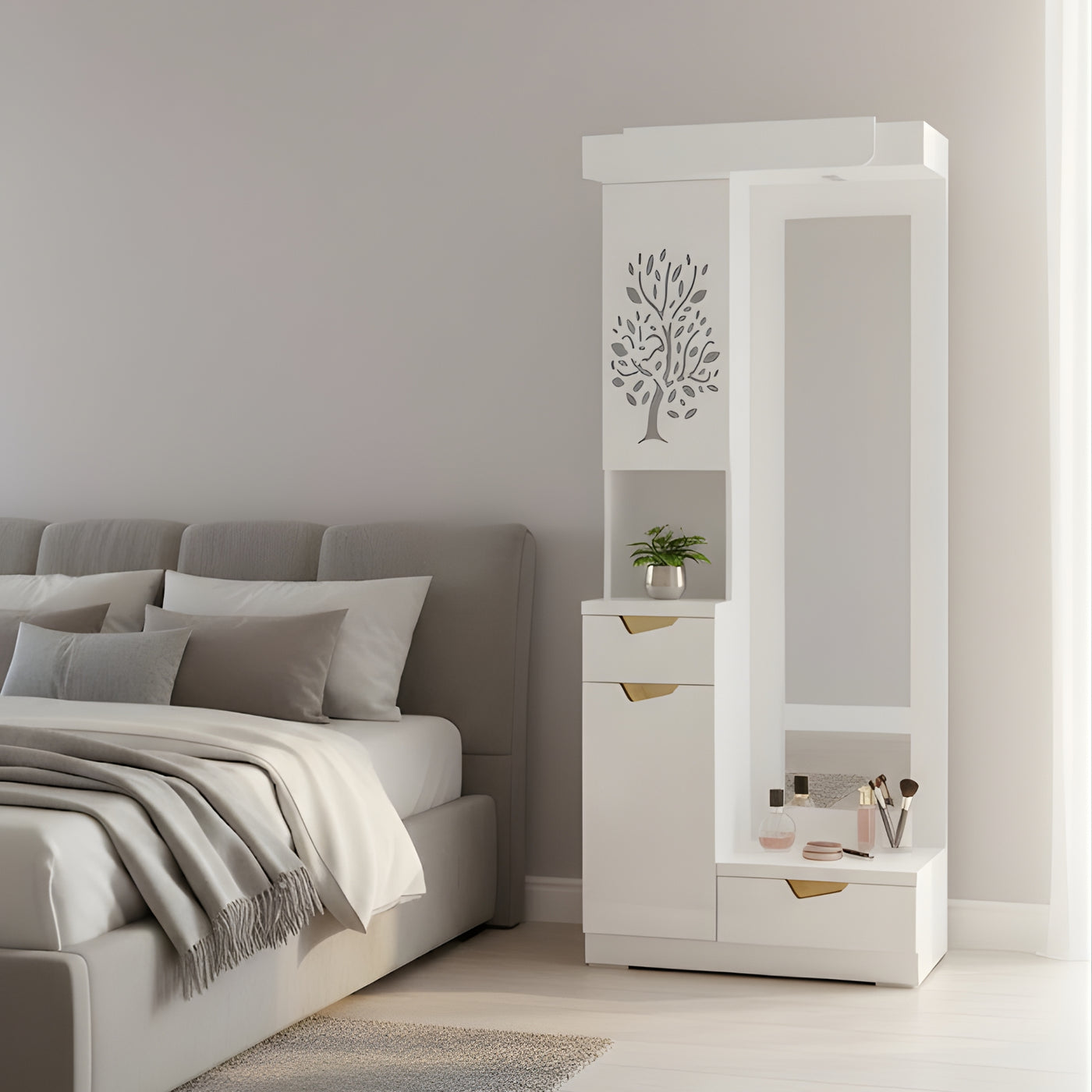 Floral Dressing Table  Glossy White Dressing Unit with Mirror & Storage