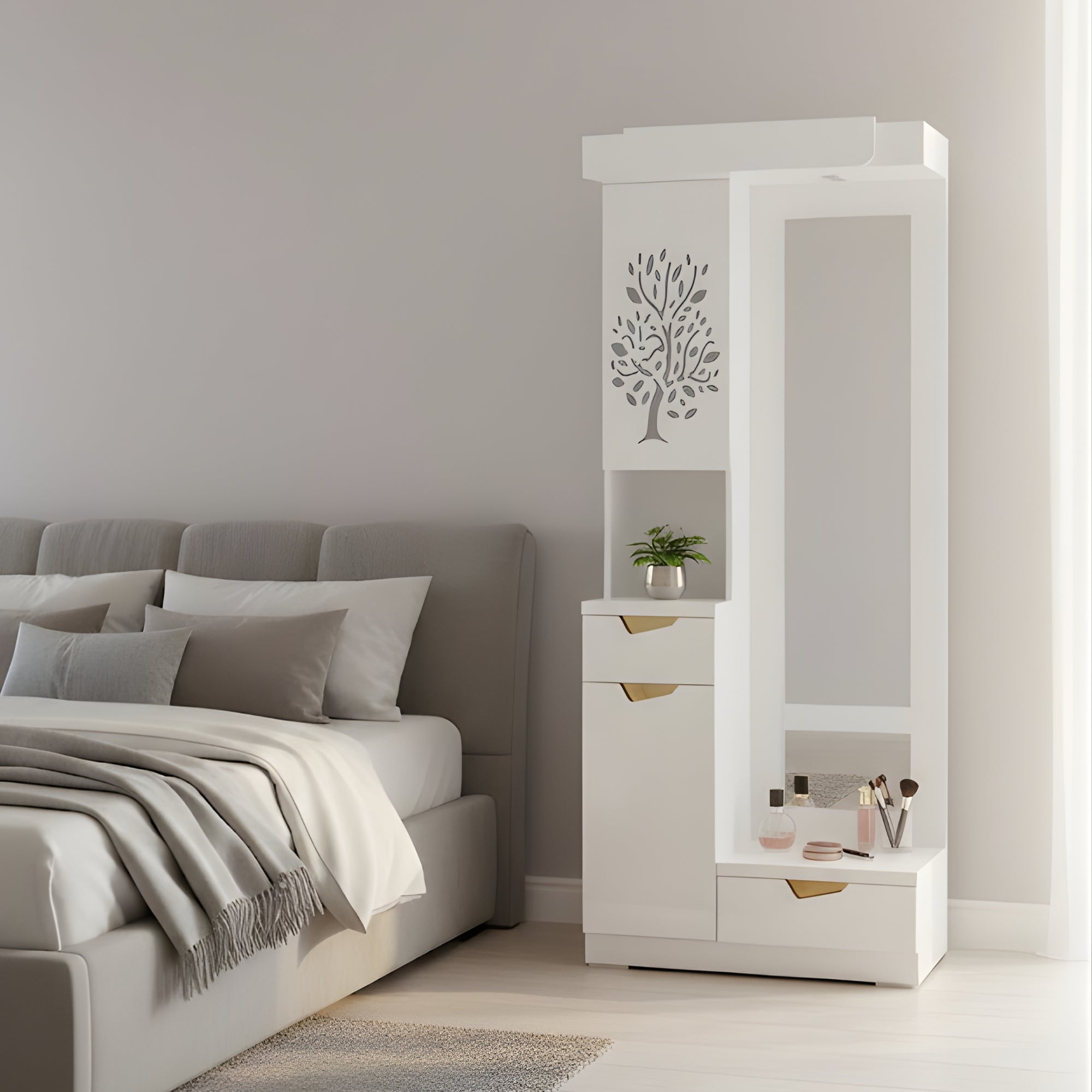 Floral Dressing Table  Glossy White Dressing Unit with Mirror & Storage