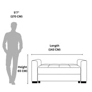 Sofa dimensions shown with a person for scale on a white background