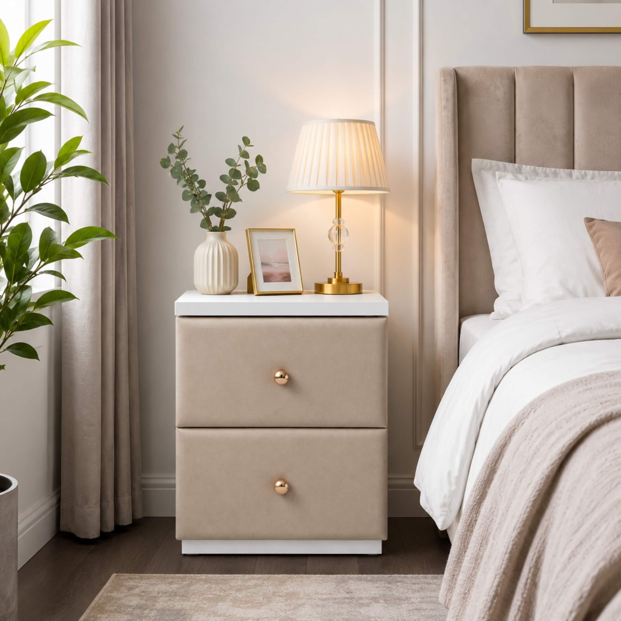 Fortune Night Stand – Compact Elegance with Upholstered Charm