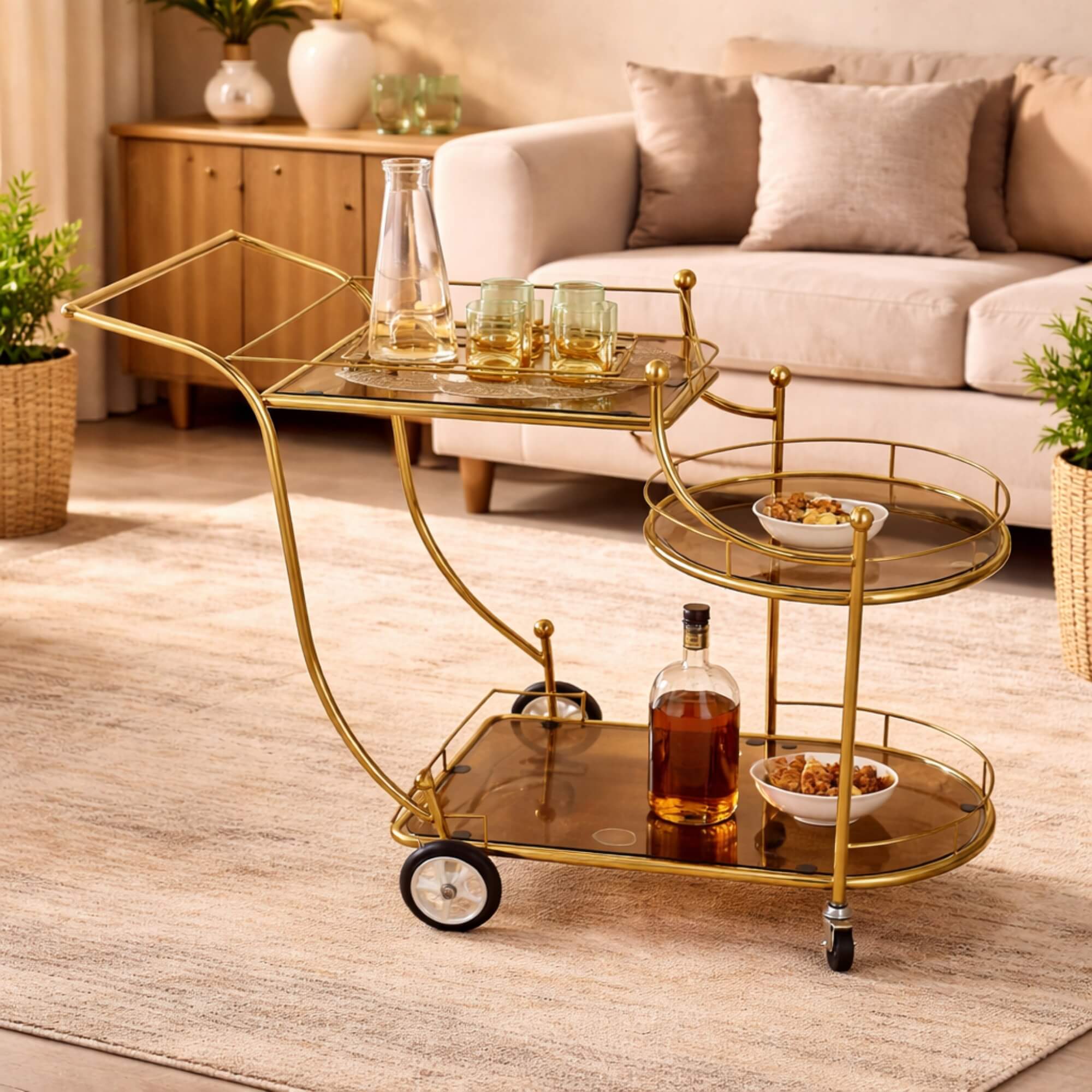 HJ4 Service Trolley- Gold Metal & Glass Elegance