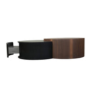 HT38 Coffee Table Set of 2 depicts a concealed drawer pulled open from the side of the lower matte black table section.