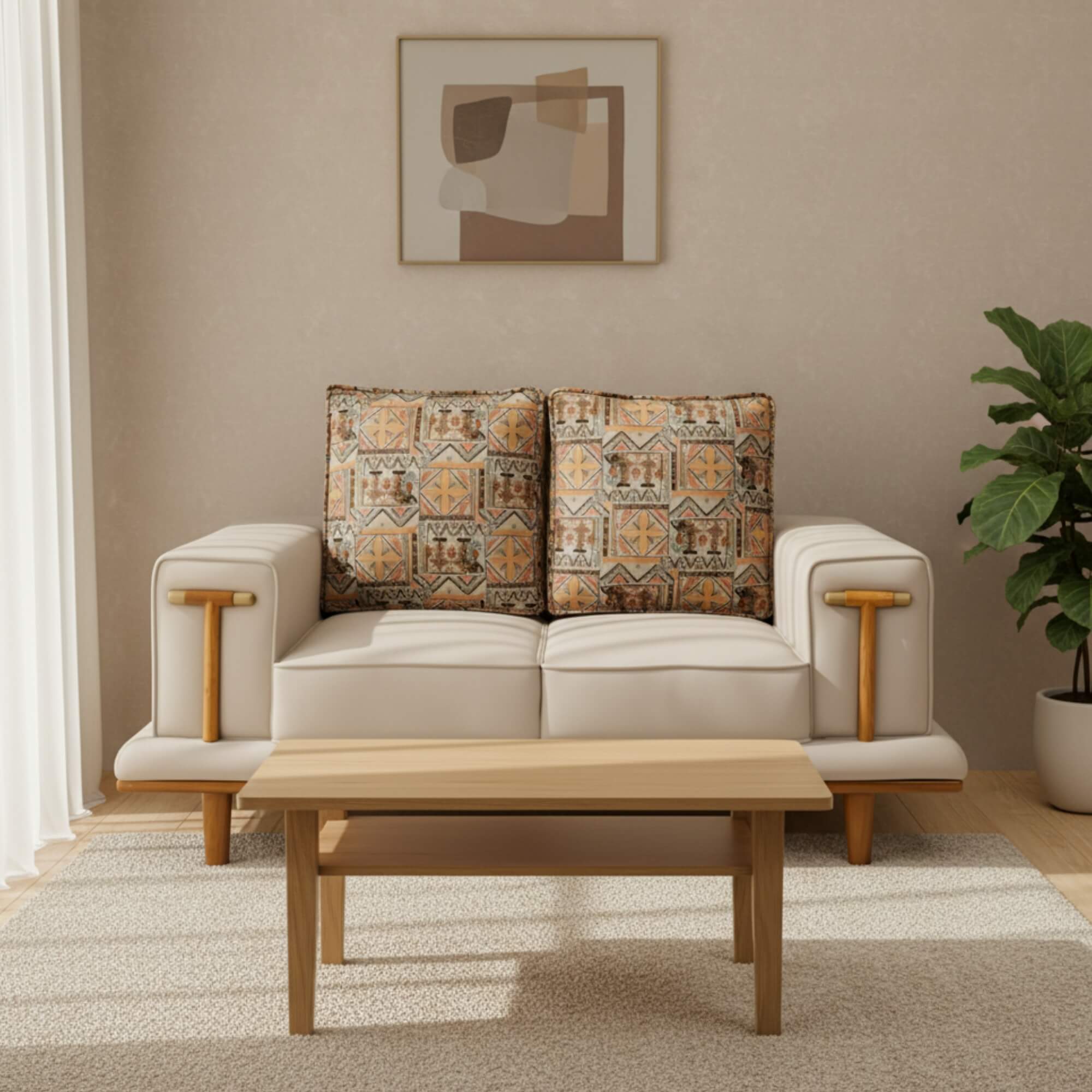 Lavish 2 Seater Sofa in beige and brown colour with big cushions| Krishna Furniture.