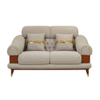 Moon 2 Seater Fabric Sofa depicts soft beige upholstery, plush cushions and a modern compact silhouette.