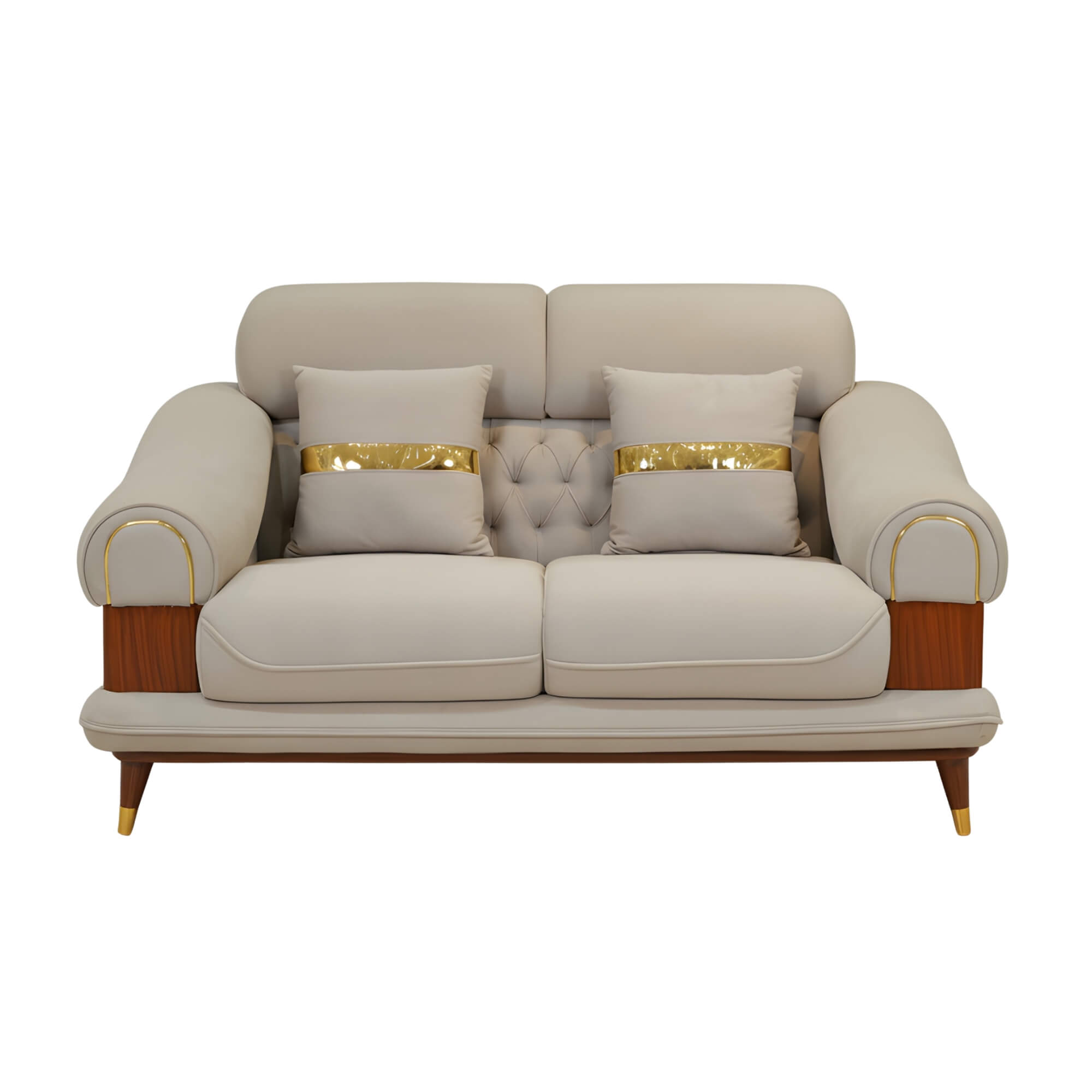 Moon 2 Seater Fabric Sofa depicts soft beige upholstery, plush cushions and a modern compact silhouette.