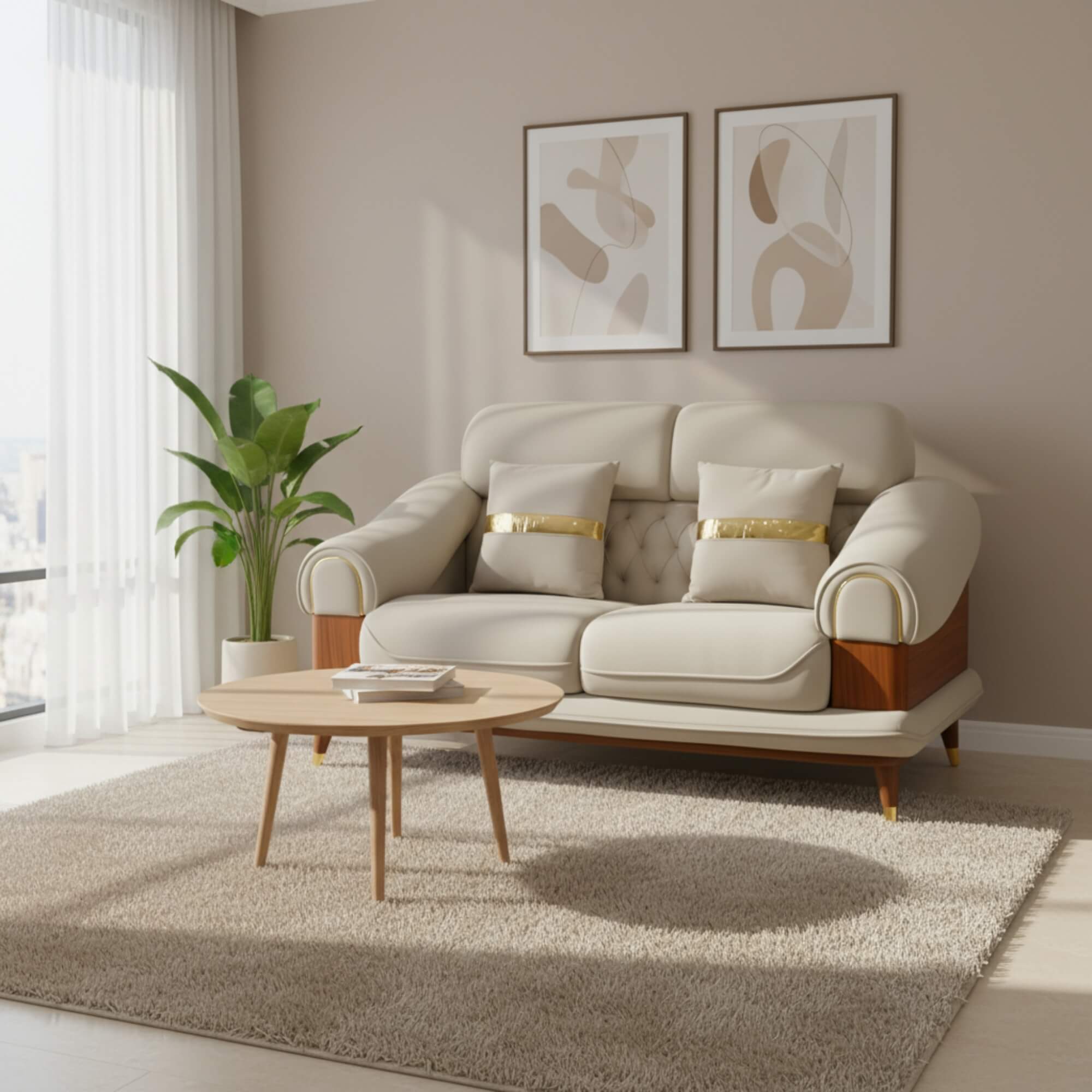 Moon 2 Seater Fabric Sofa in beige and brown dual tone | Krishna Furniture