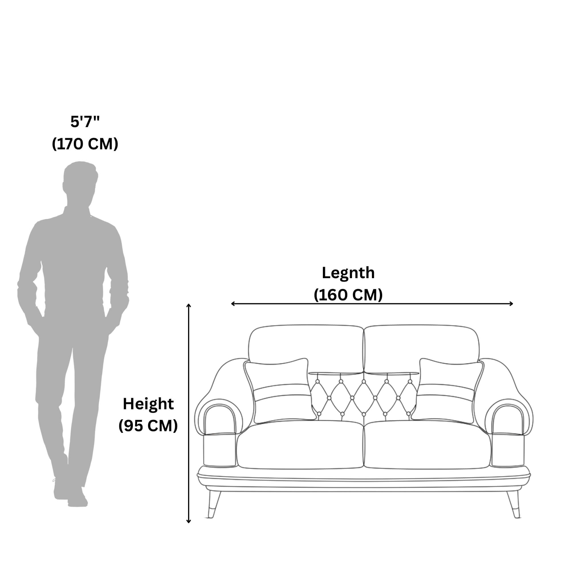 Moon 2 Seater Fabric Sofa represents length and height for accurate room and space planning.