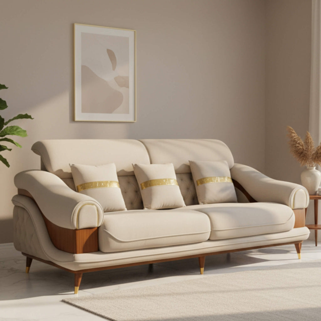 Moon 3 Seater Sofa in elegant leatherette beige with dual tone| Krishna Furniture.