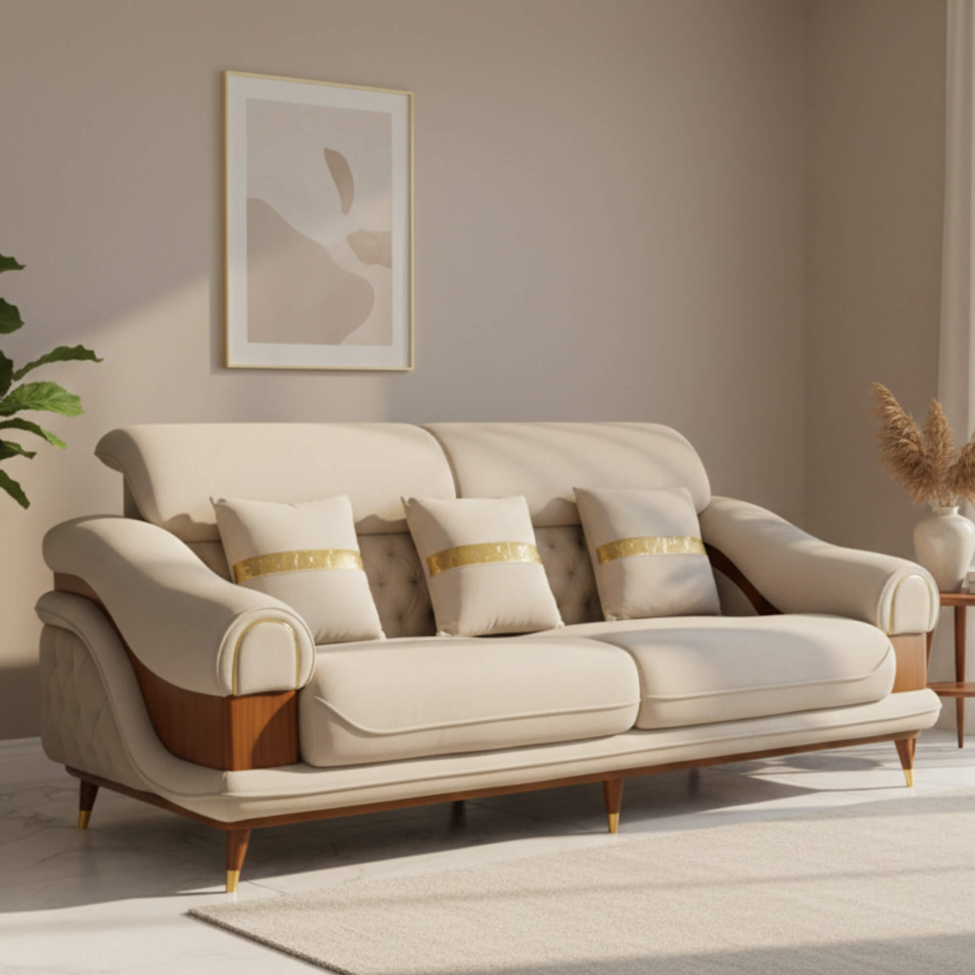 Moon 3 Seater Sofa in elegant leatherette beige with dual tone| Krishna Furniture.