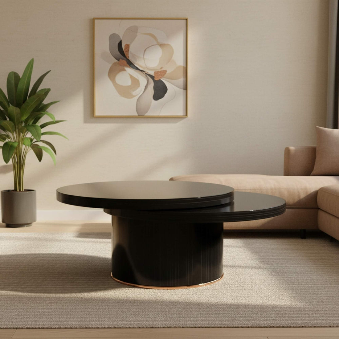 N302A Coffee Table in walnut finish and sturdy base perfectly complemented by a metal ring-like structure touching the bottom| Krishna Furniture