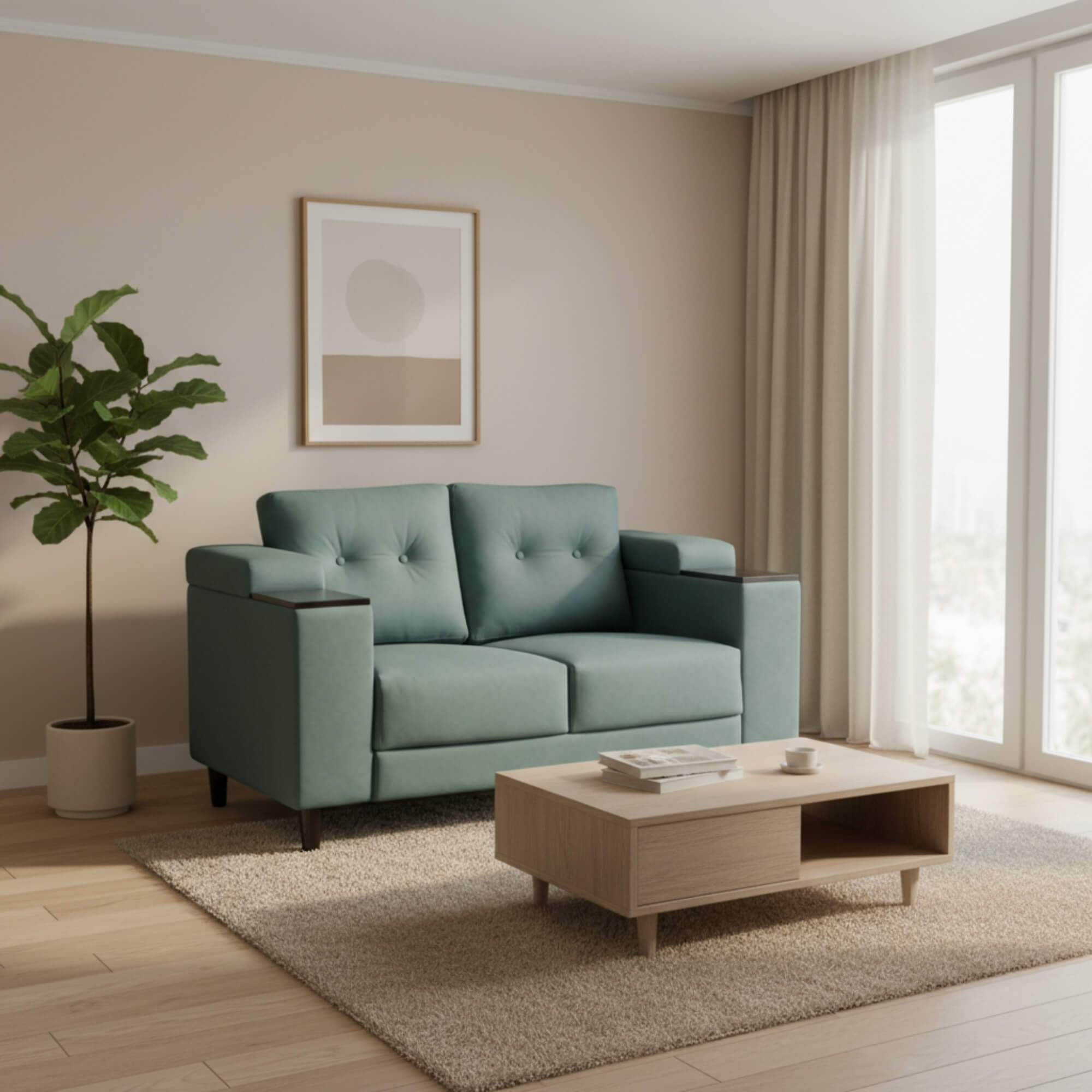 Pacific 2-Seater Fabric in grey fabric with matte finish and wooden legs | Krishna Furniture