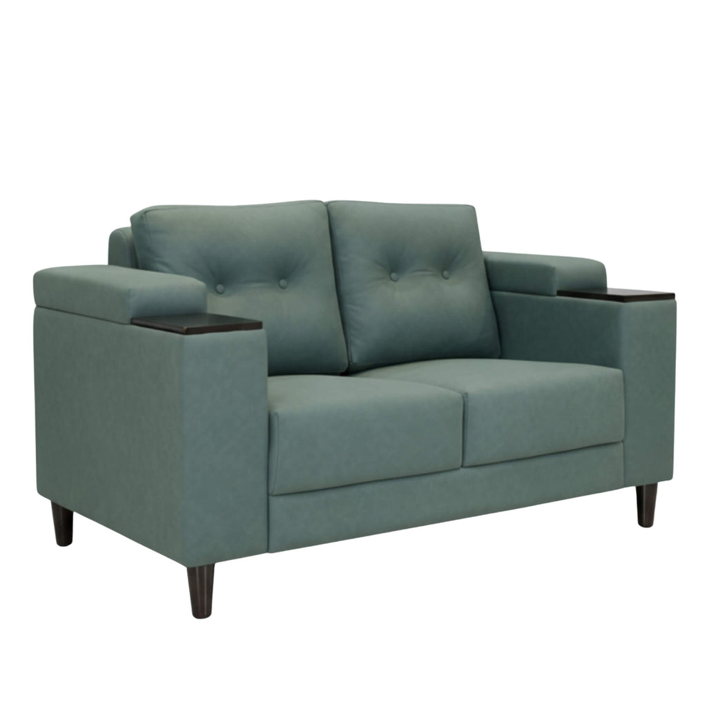 Pacific 2-seater Fabric features plush cushioning, sleek armrests, and modern metallic legs.