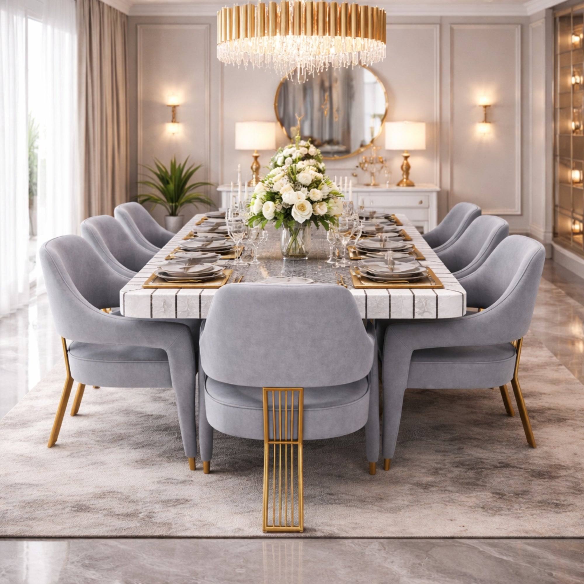 Epoxy 8-Seater Marble Dining Table Set – Premium SS Base Dining Furniture