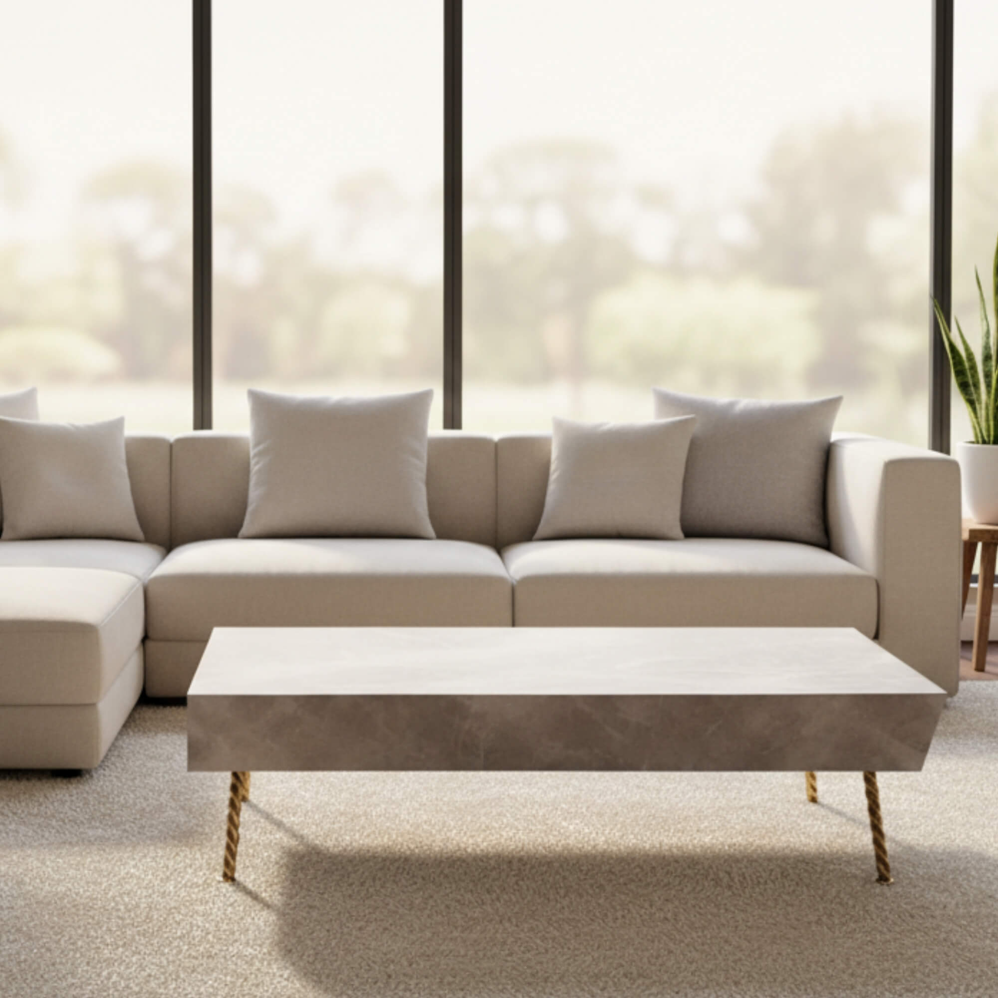Aspire Coffee Table with textured marble table top in smooth finish and twisted metallic legs| Krishna Furniture.