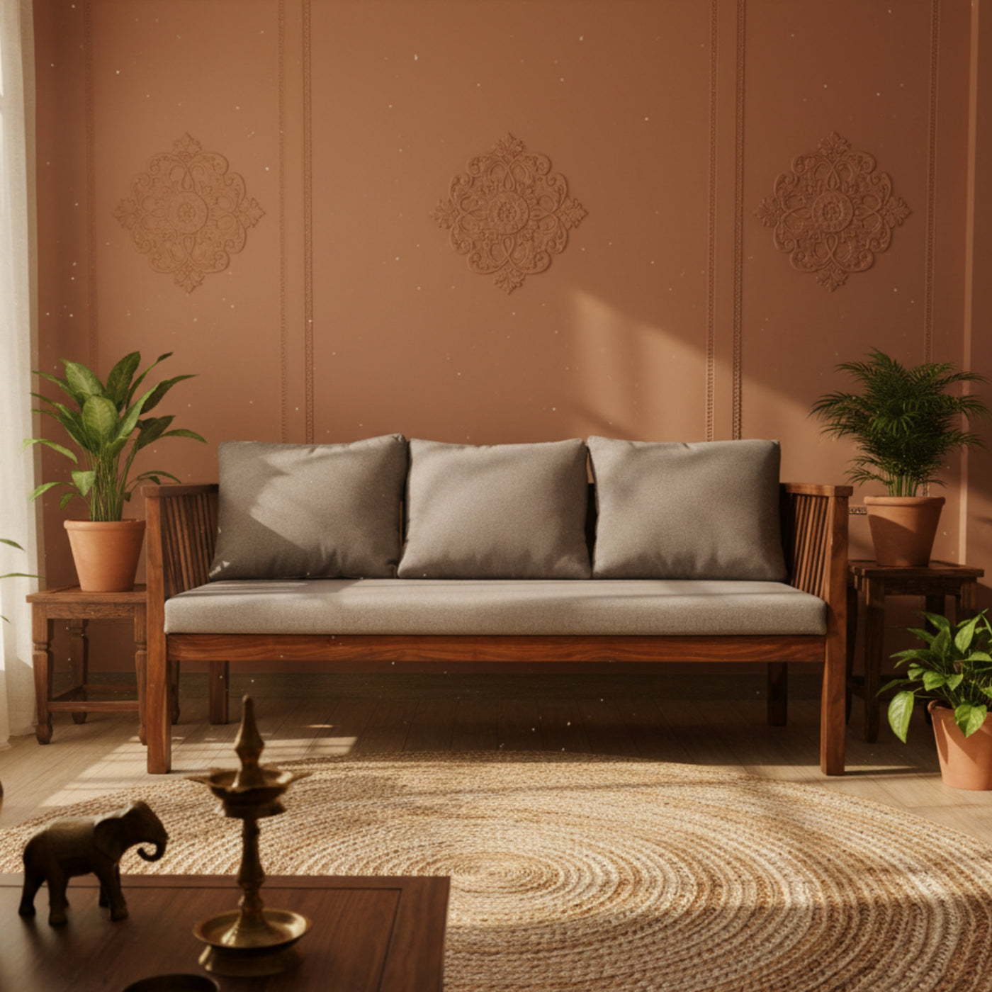 Wooden sofa with gray cushions in a room with decorative wall patterns and plants.