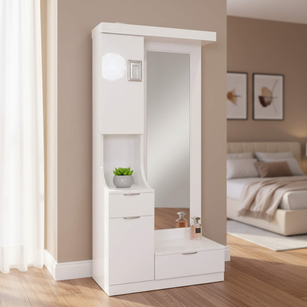 Charm Dressing Table in white glossy finish with two drawers, one shelf and a full-length mirror| Krishna Furniture.