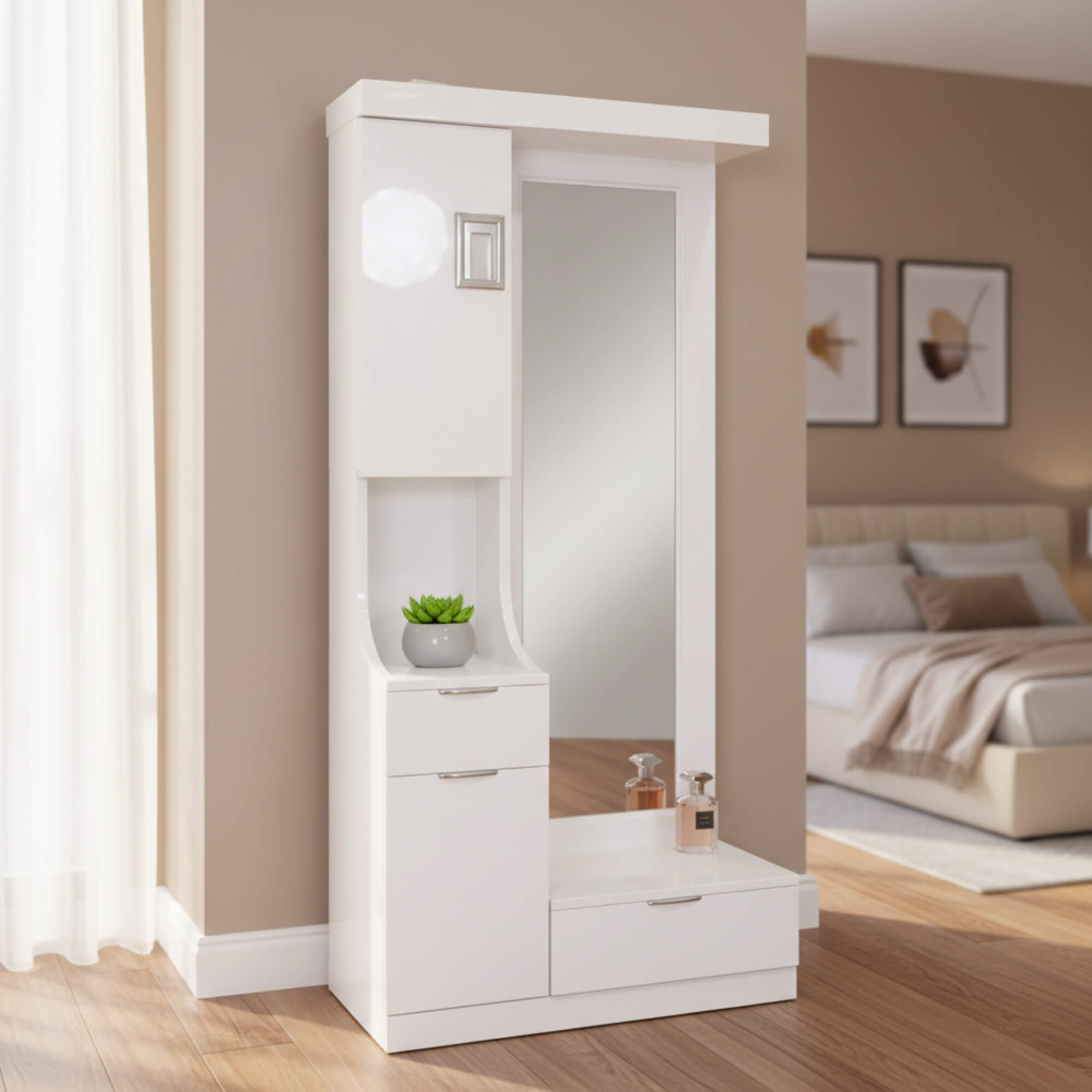 Charm Dressing Table in white glossy finish with two drawers, one shelf and a full-length mirror| Krishna Furniture.
