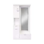 Charm Dressing Table showcases clean geometric lines and an integrated circular vanity mirror 
