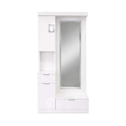 Charm Dressing Table showcases clean geometric lines and an integrated circular vanity mirror 

