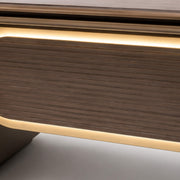 Close-up of a wooden surface with LED strip lights