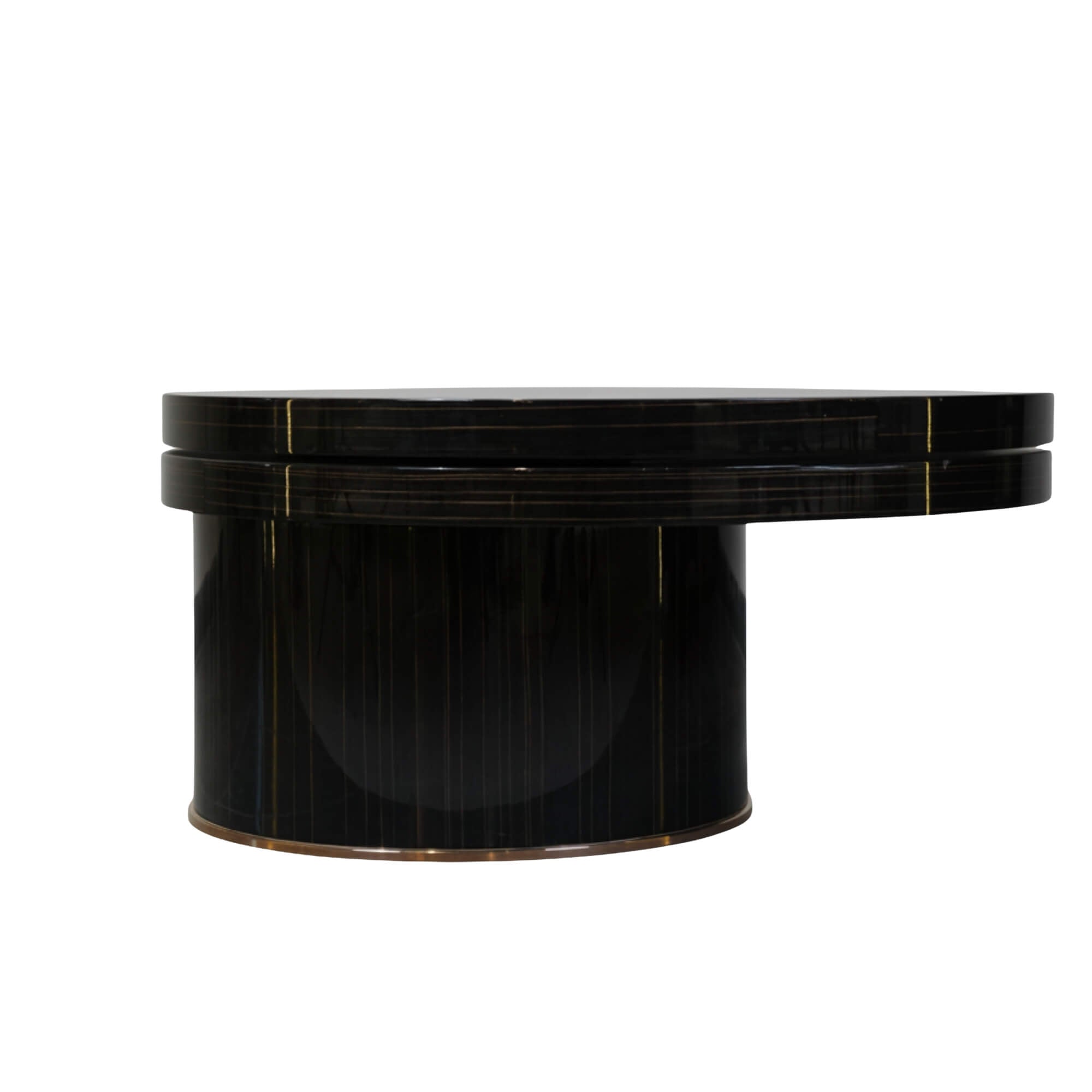 N302A Coffee Table highlights how the upper-tiered surface is swiveled outward over the cylindrical pedestal base