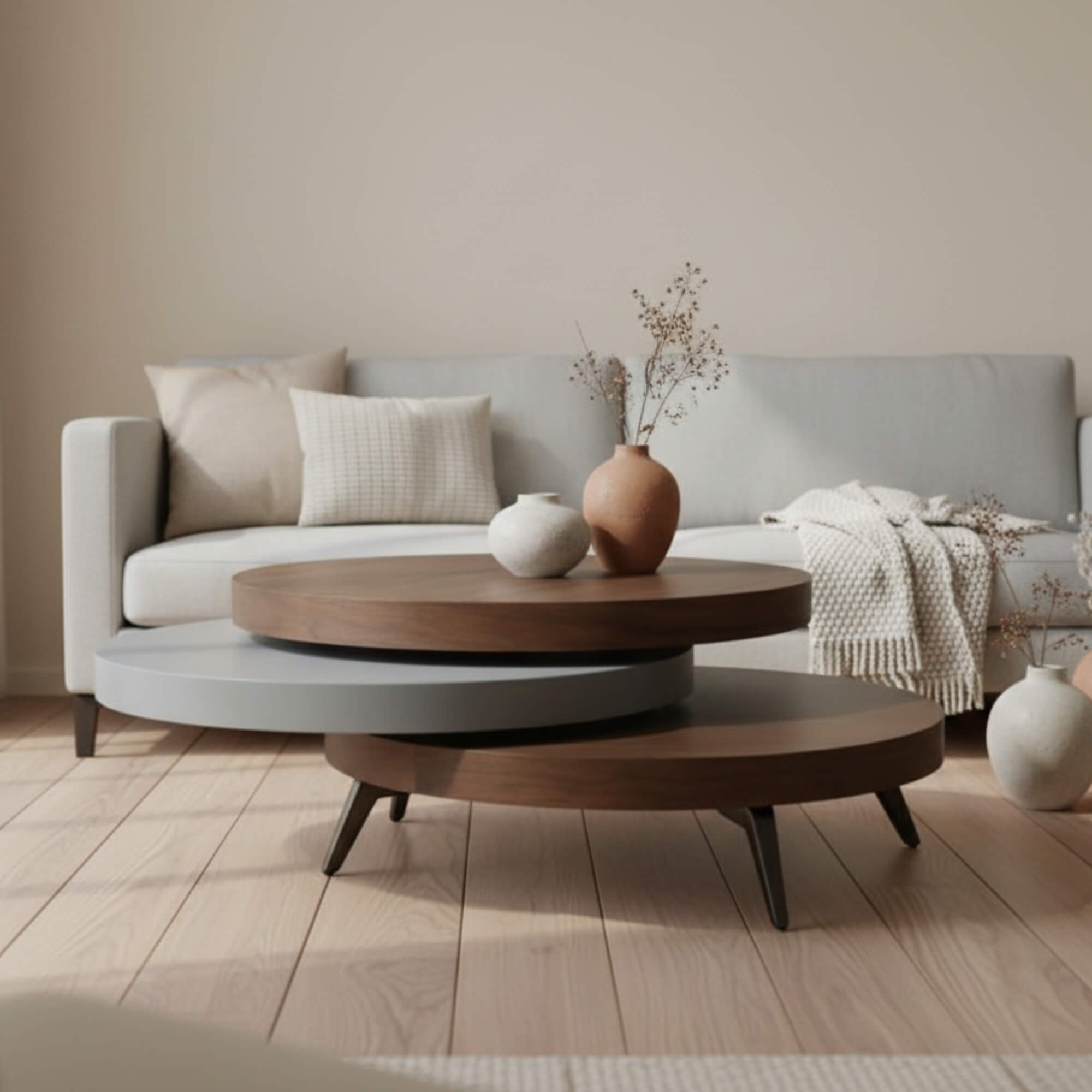 HJ70 Coffee Table in contrast of wood texture and matte grey surface with three-layered surface| Krishna Furniture.
