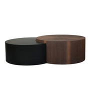 HT38 Coffee Table Set of 2 depicts the seamless joint where the circular black and walnut units meet.