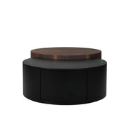 HT38 Coffee Table Set of 2 highlights the placement of the lower matte black table section with the walnut table nested closely directly behind it. 