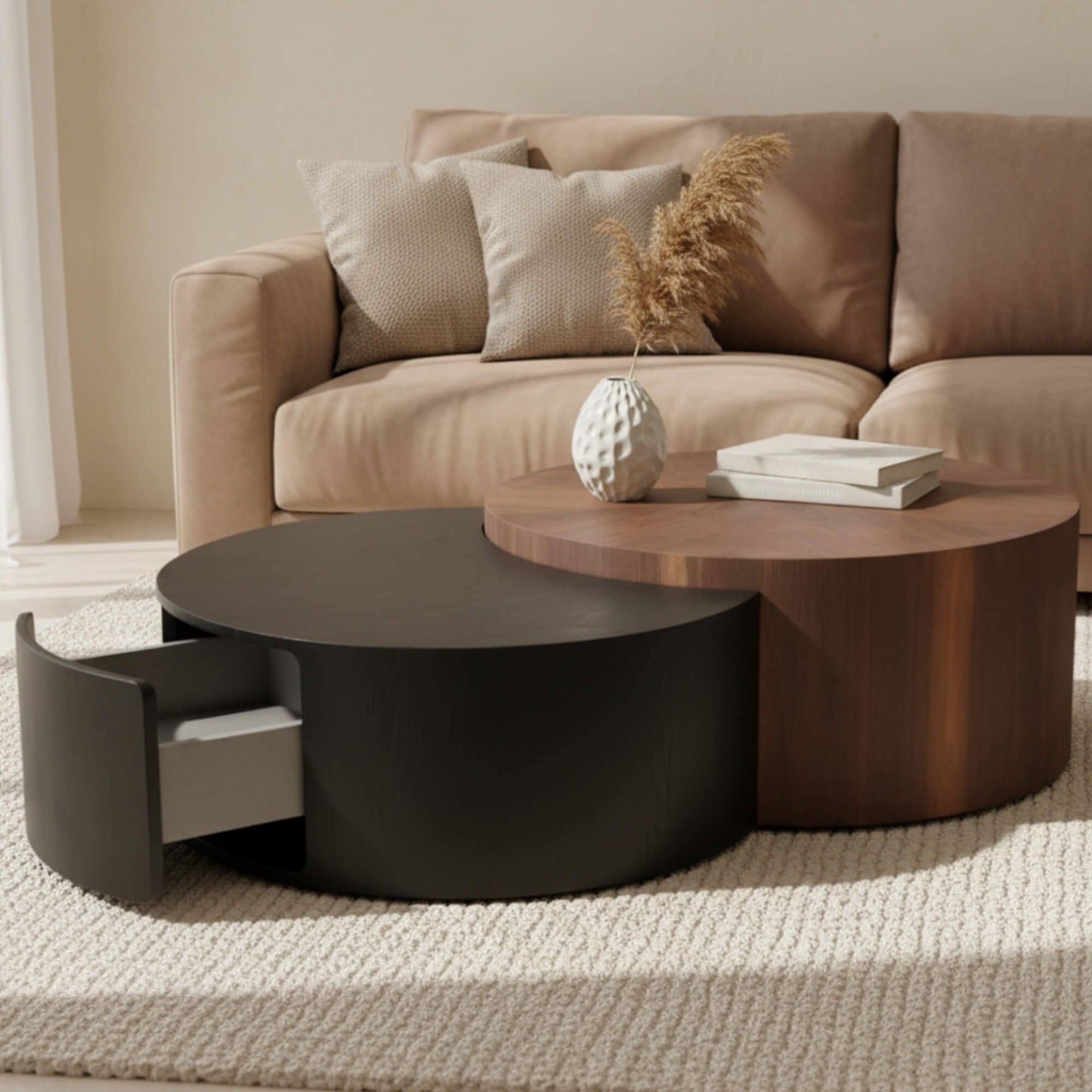 HT38 Coffee Table Set of 2 in contrasting black and brown colours in circular shape and integrated drawer| Krishna Furniture.