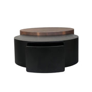 cCoffee table set of 2 presents a smooth, dark finish of the black table against the radiating grain of the walnut table.