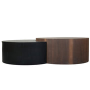 HT38 Coffee Table Set of 2 showcases a lower matte black round section interlocking with a taller walnut wood section.