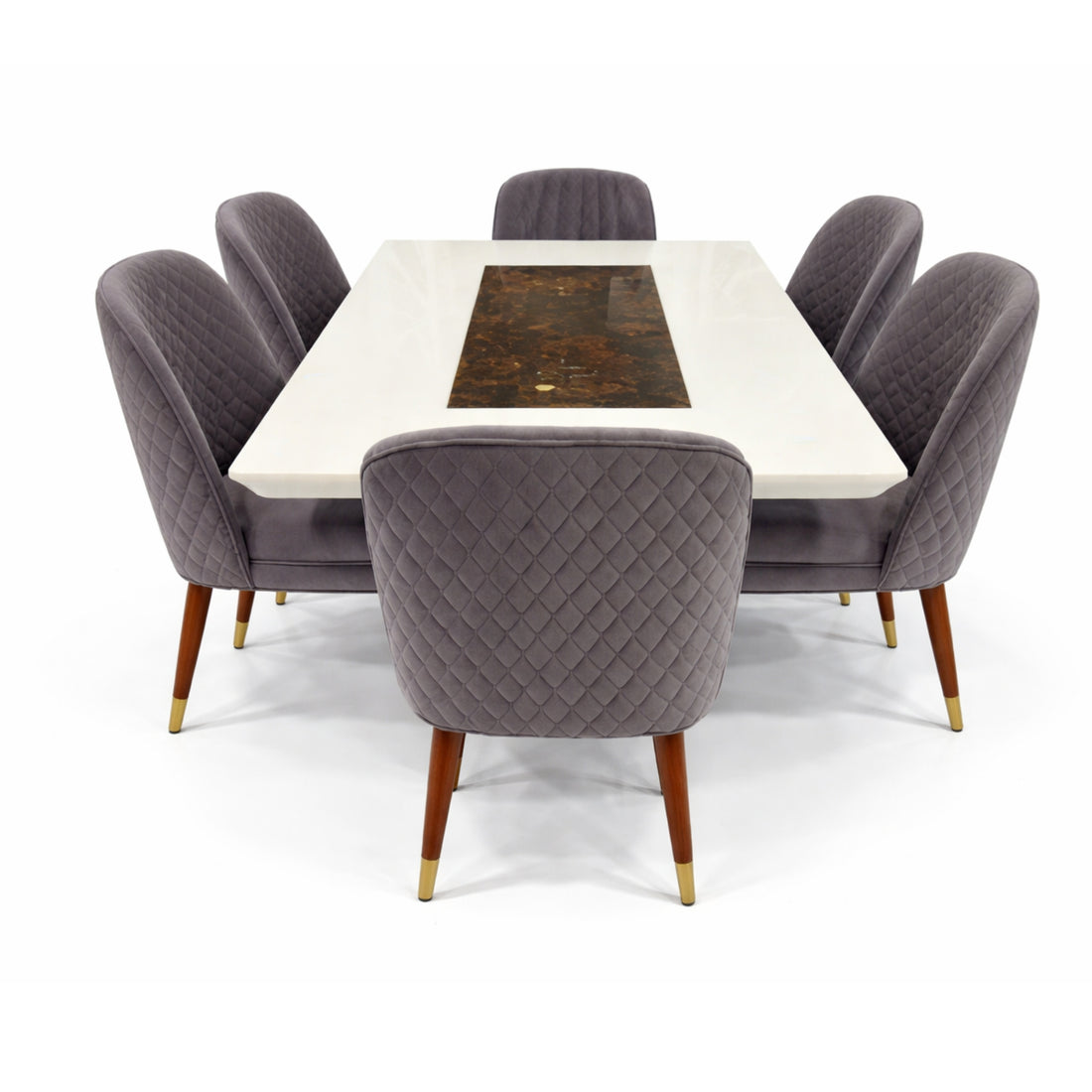 Crag marble dining table with brown center inlay and six grey chairs