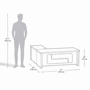 Dimensions of a desk with a human figure for scale on a white background