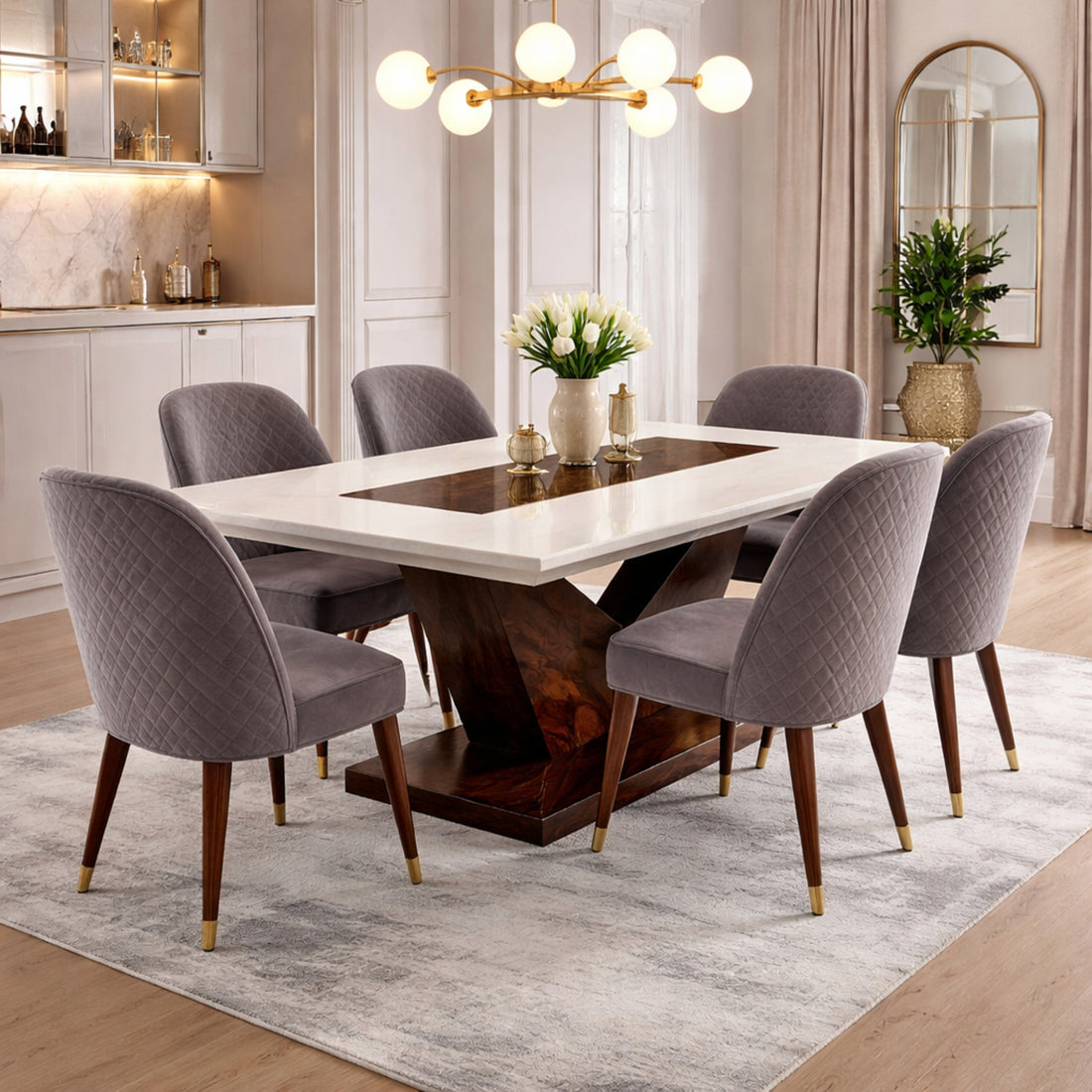 Crag 6 seater marble dining table set with grey chairs in a modern dining room