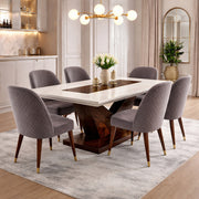 Crag 6 seater marble dining table set with grey chairs in a modern dining room