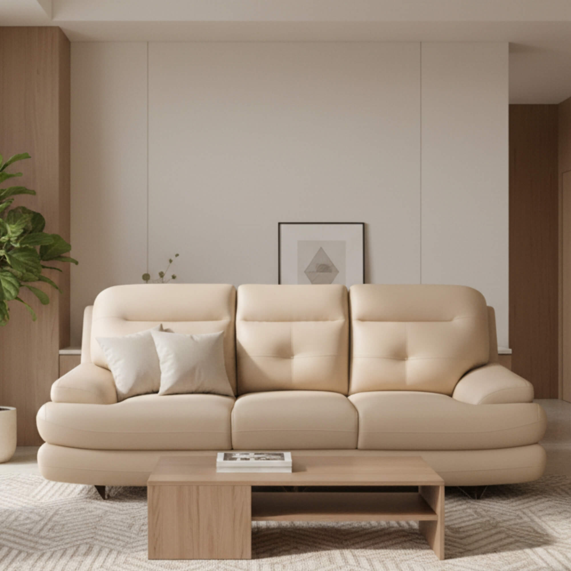 Dublin 3 Seater Sofa beige leatherette upholstery with spacious seating| Krishna Furniture.