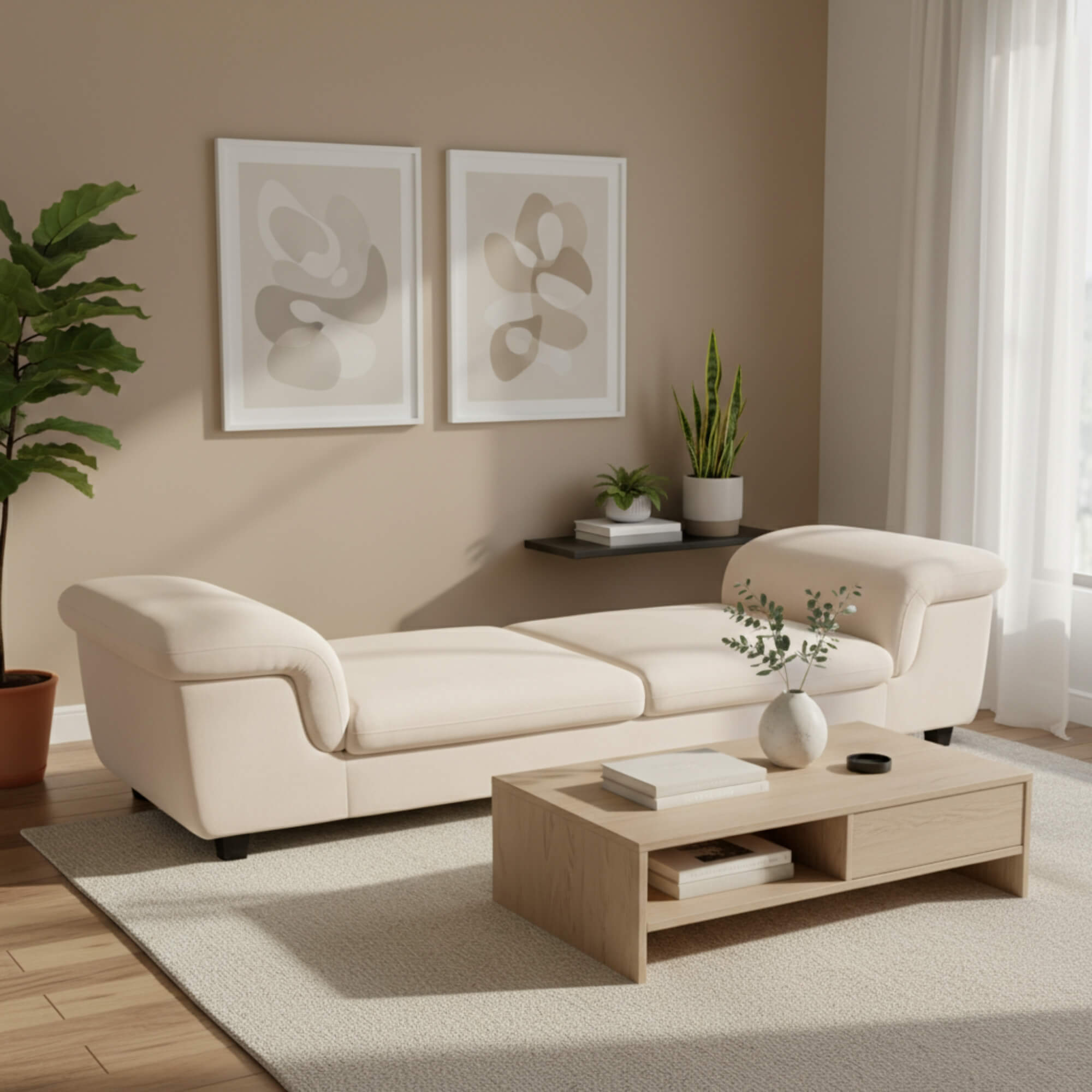 Elton Divider in beige suede fabric supported by solid wood & plywood construction| Krishna Furniture.