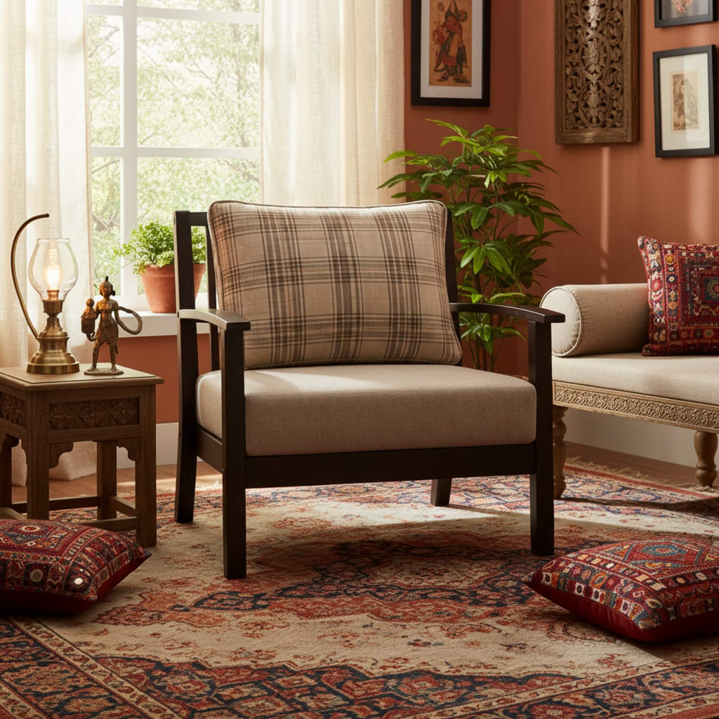 Krishna Furniture Gemini Single-Seater Sofa – Stylish Teak Wood & Eco-Friendly Jute Fabric