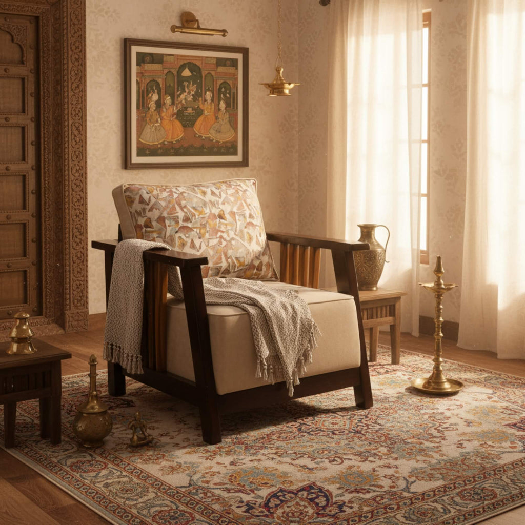 Grid 1 Seater Sofa- Teak Wood Comfort with Artistic Charm