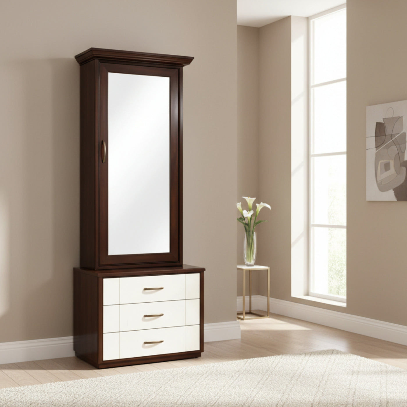 Krishna Furniture Stream Dressing Table Modern Walnut Gloss Finish with Smart Storage & Space-Saving Design