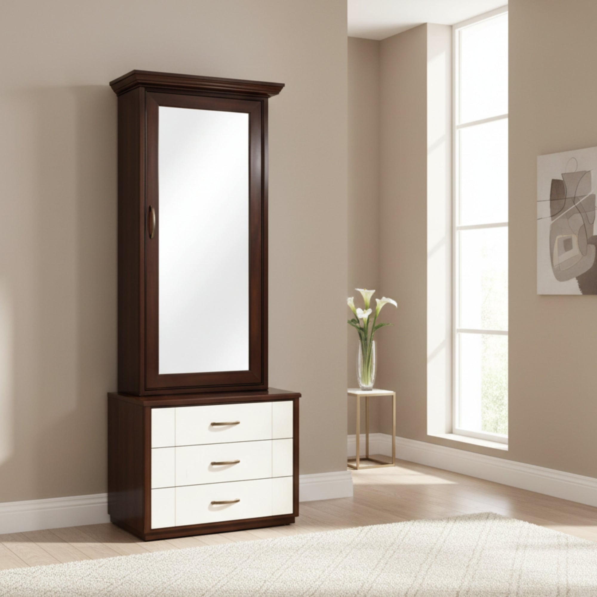 Krishna Furniture Stream Dressing Table Modern Walnut Gloss Finish with Smart Storage & Space-Saving Design